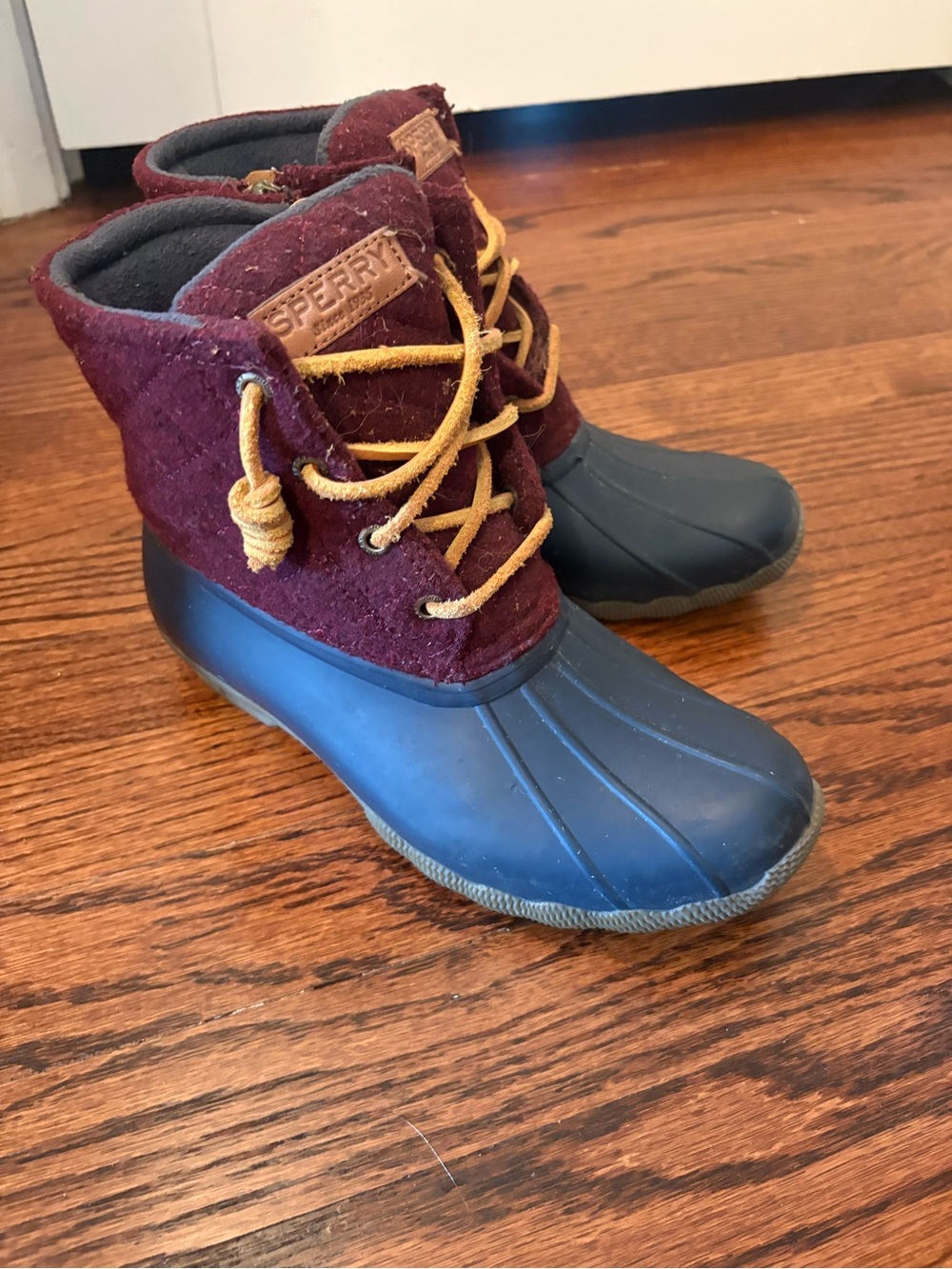 Sperry Maroon and Navy Duck Boots with Tan Laces